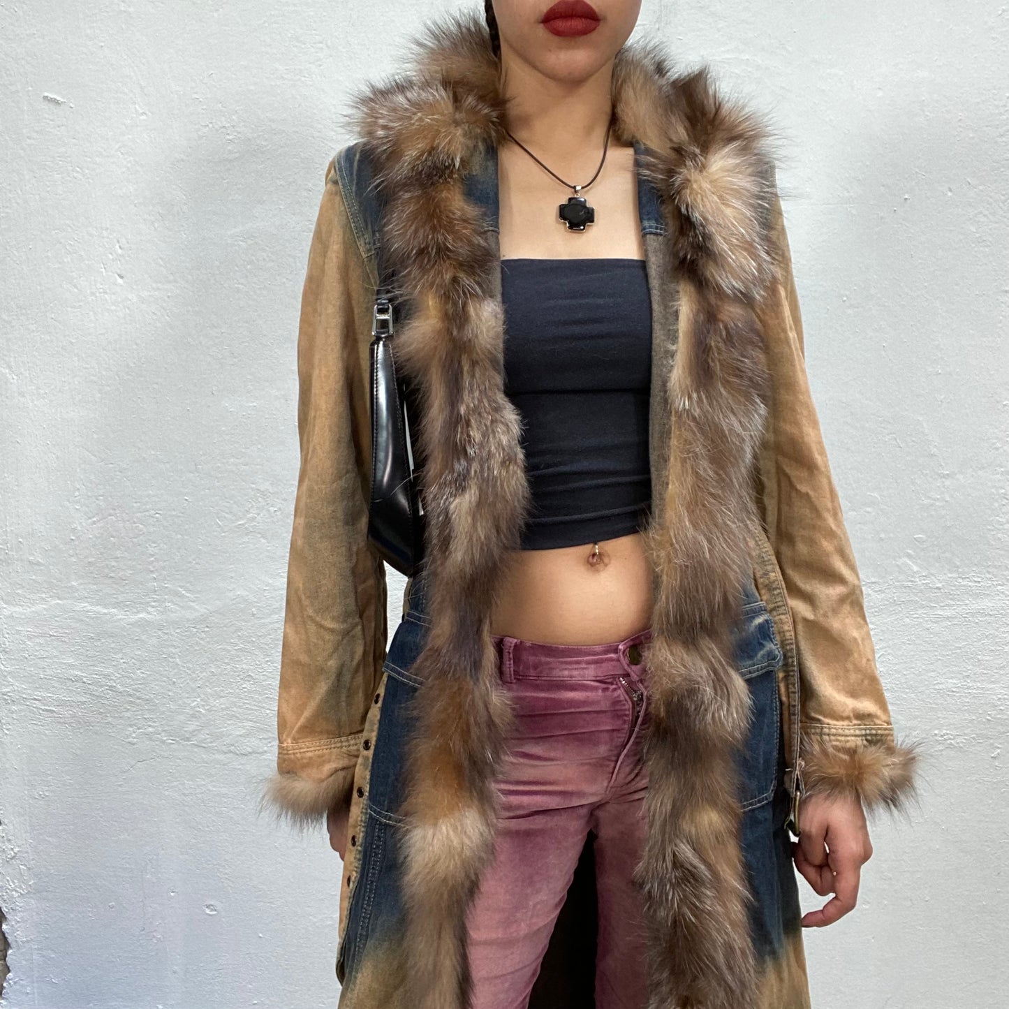 Vintage 2000's Archive Beige and Blue Long Acid Washed Denim Coat with Fur Collar (S/M)