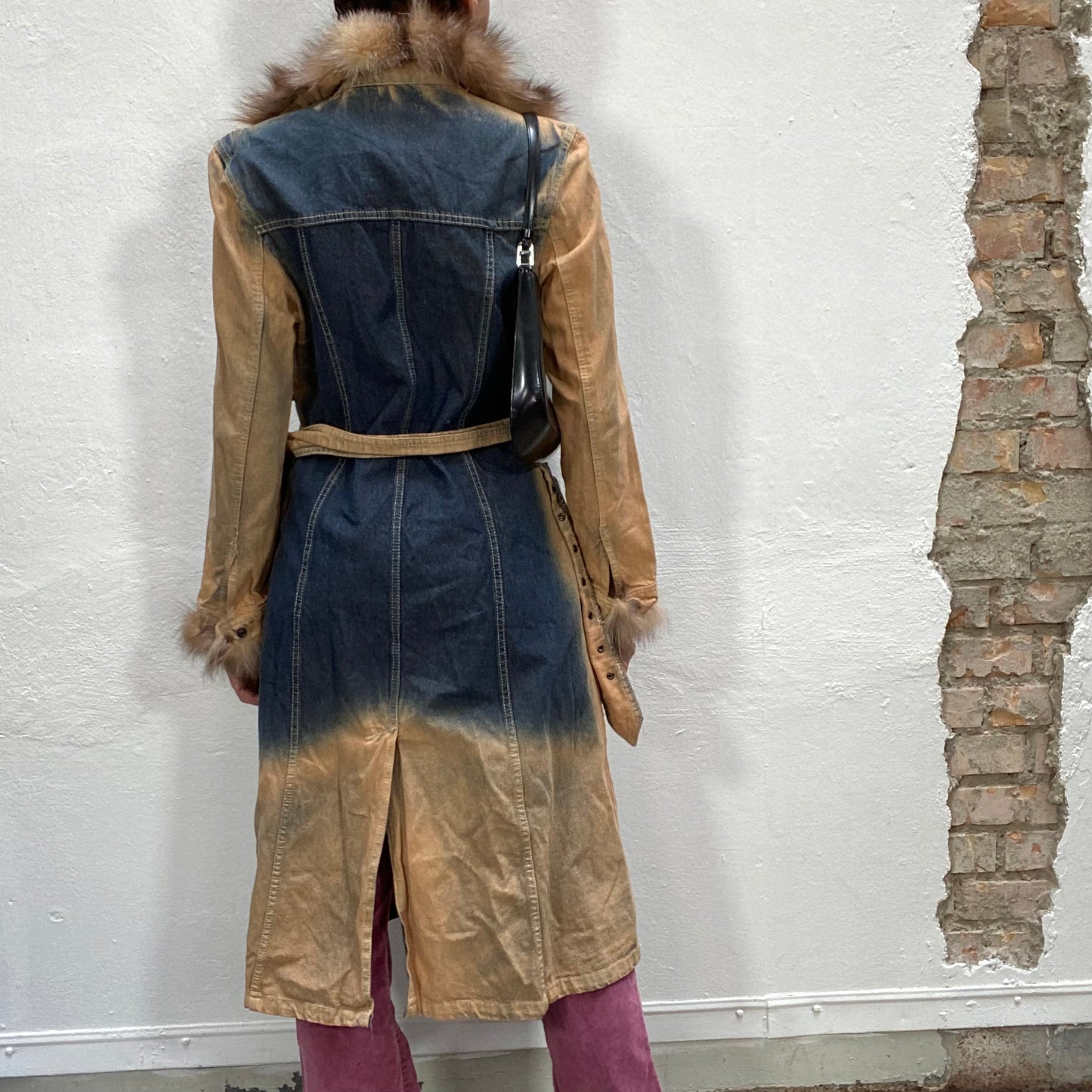 Vintage 2000's Archive Beige and Blue Long Acid Washed Denim Coat with Fur Collar (S/M)