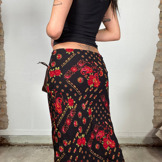 Vintage 90's Indie Black Mesh Midi Skirt with red Floral Print (M)