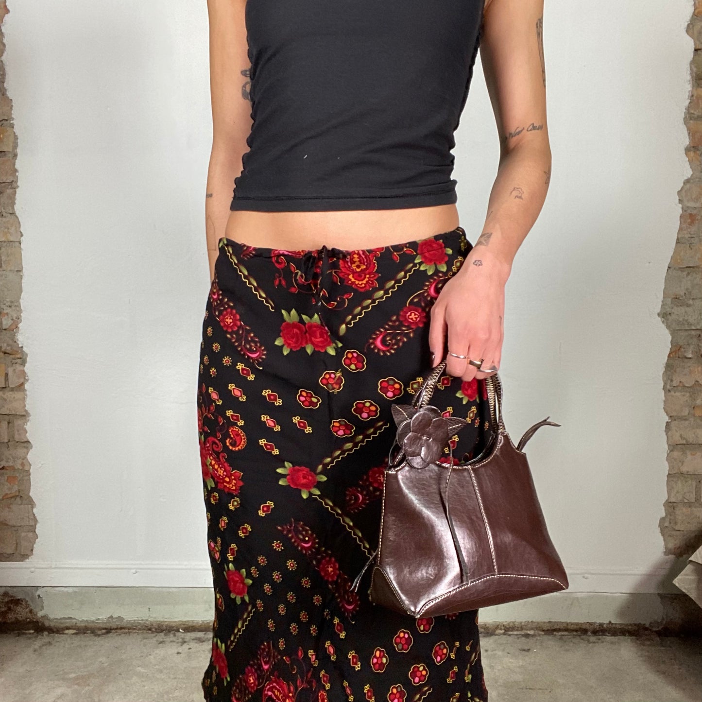 Vintage 90's Indie Black Mesh Midi Skirt with red Floral Print (M)