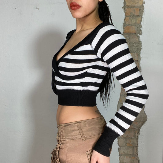 Vintage 2000's Punky Black and White Striped Cropped Light Sweater (S)