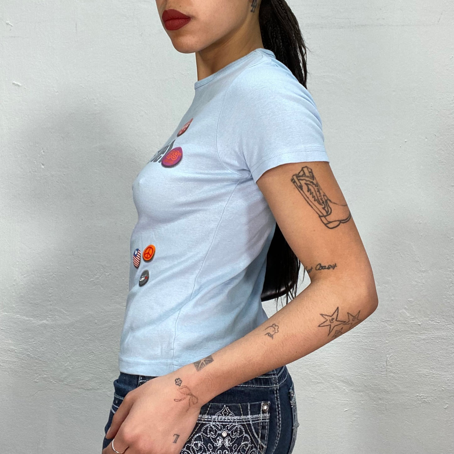 Vintage 2000's Iconic Baby Blue 'Perfect Rebel' Shirt with Pin Prints (S)