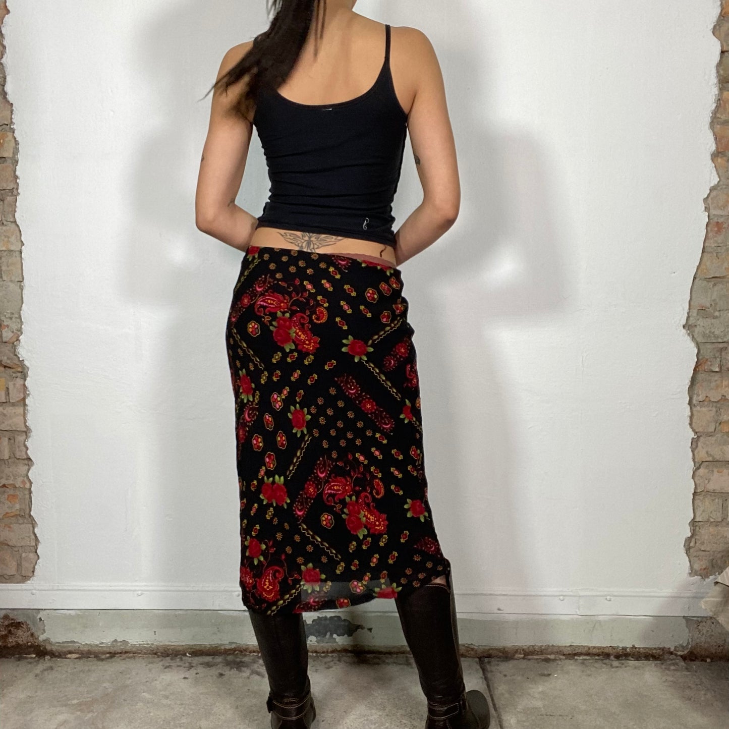 Vintage 90's Indie Black Mesh Midi Skirt with red Floral Print (M)