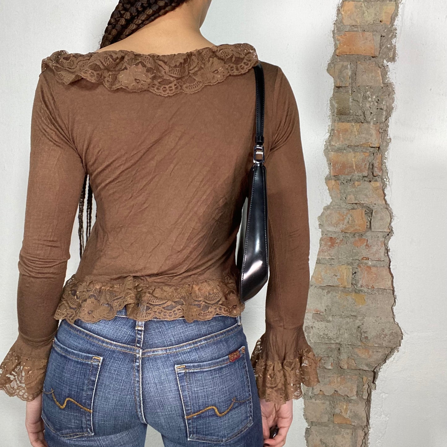 Vintage 90's Whimsigoth Brown Front Tie Top with Lace Ruffle Details (S/M)