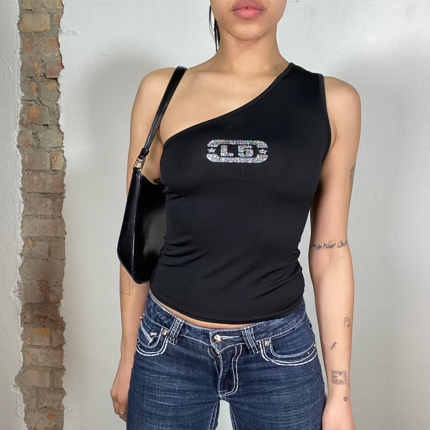 Vintage 2000's Clubwear Black One Shoulder Top with Silver 'L 5' Print (S)