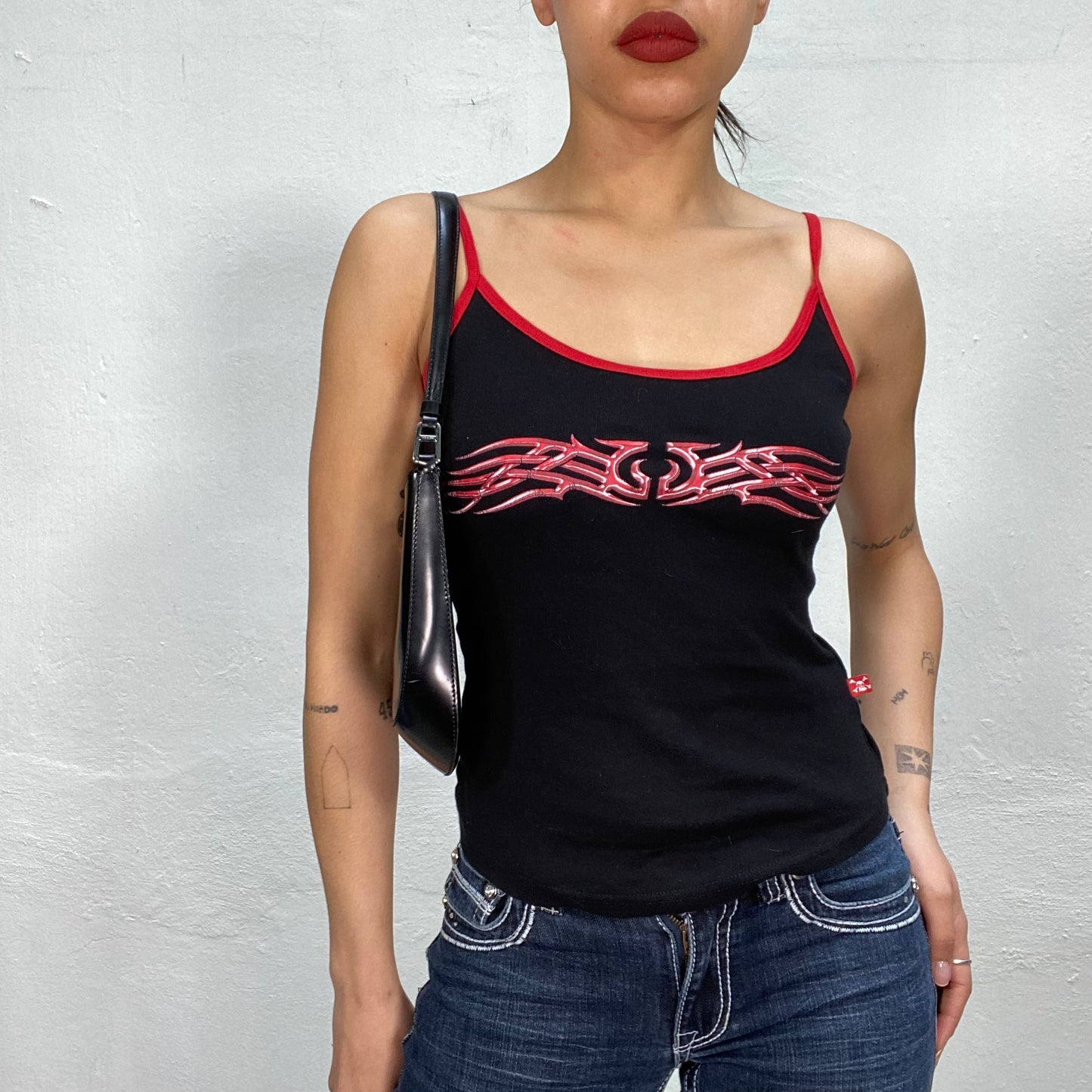 Vintage 90's Cyber Black Top with Red Trim and Tribal Prints (S)