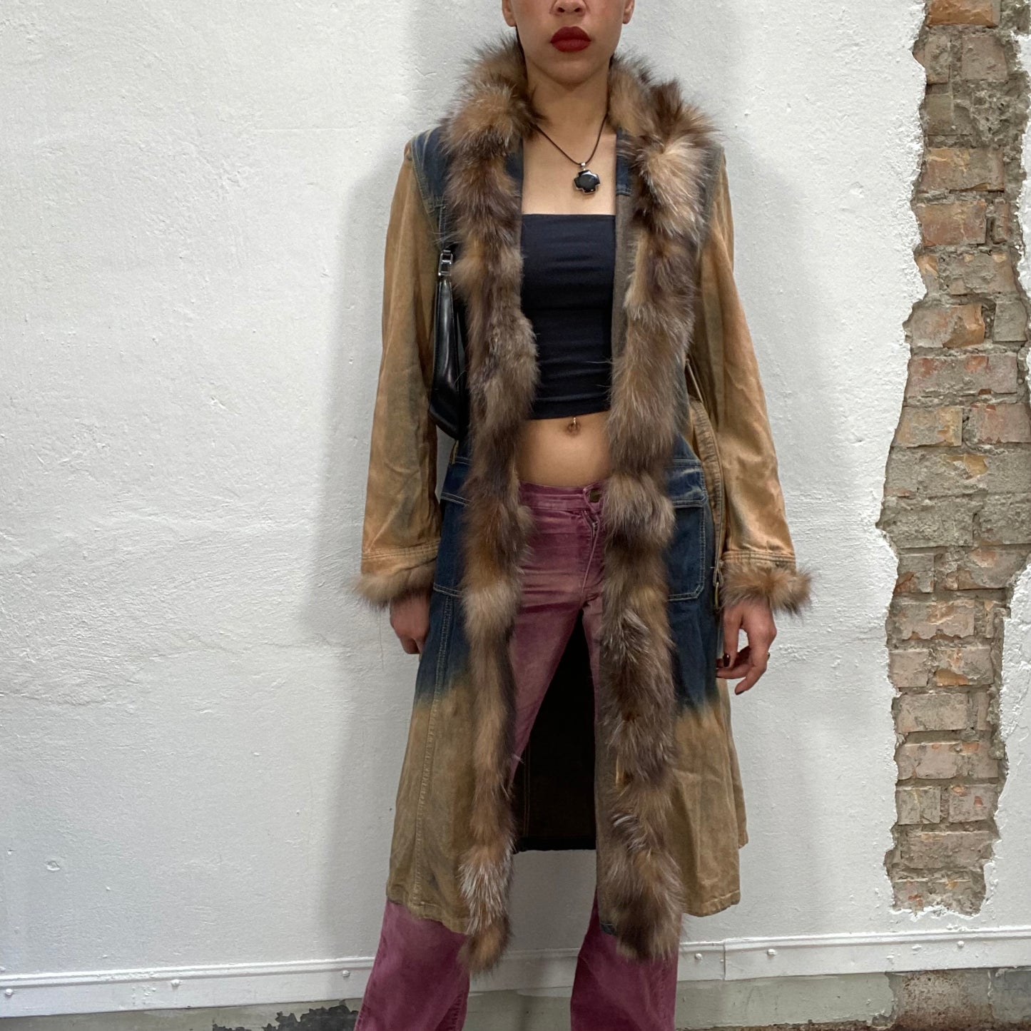 Vintage 2000's Archive Beige and Blue Long Acid Washed Denim Coat with Fur Collar (S/M)