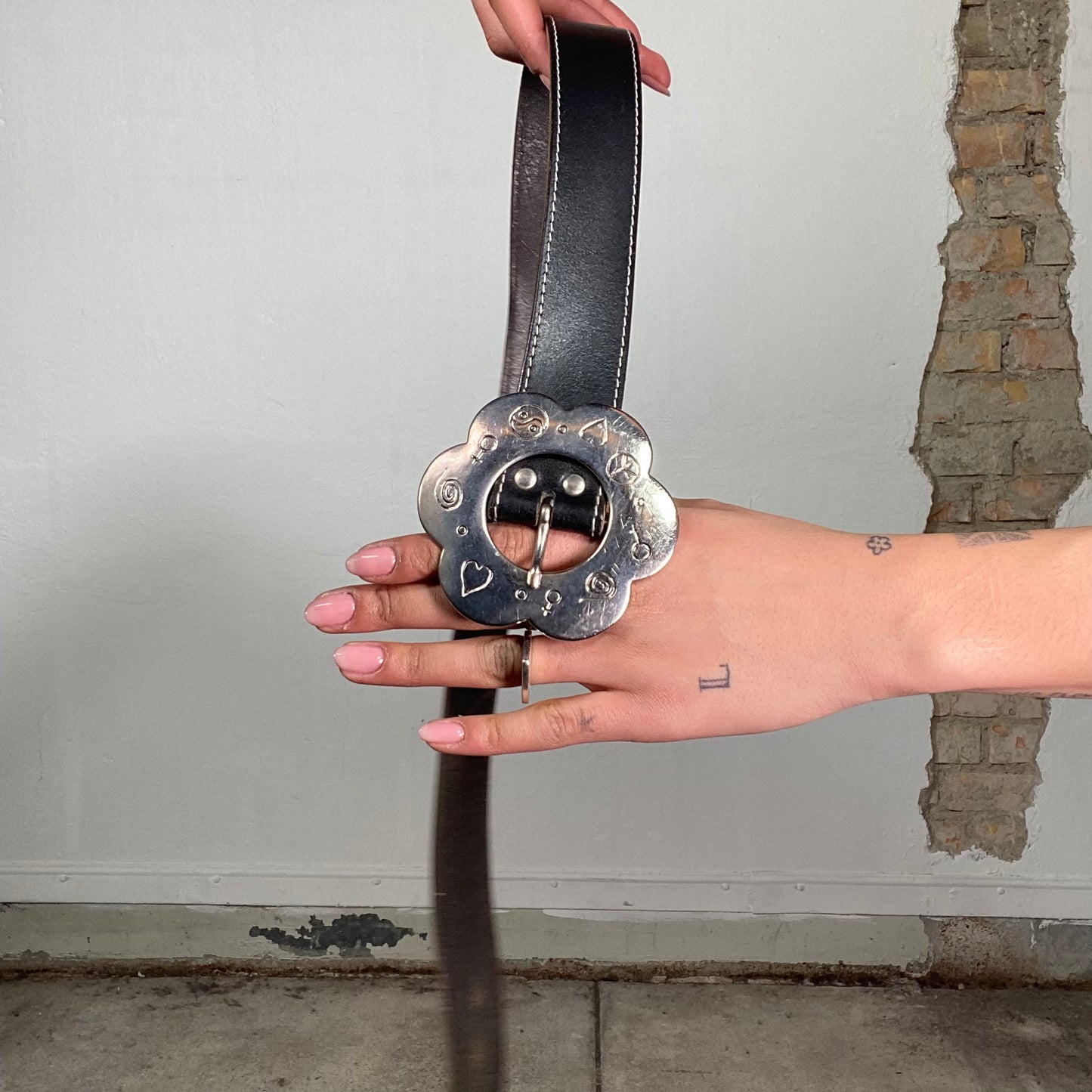Vintage 2000's Downtown Girl Black Belt with Detailed Silver Flower Buckle