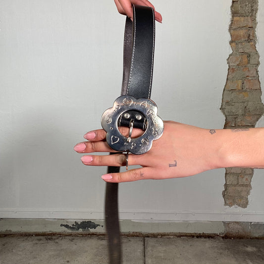 Vintage 2000's Downtown Girl Black Belt with Detailed Silver Flower Buckle