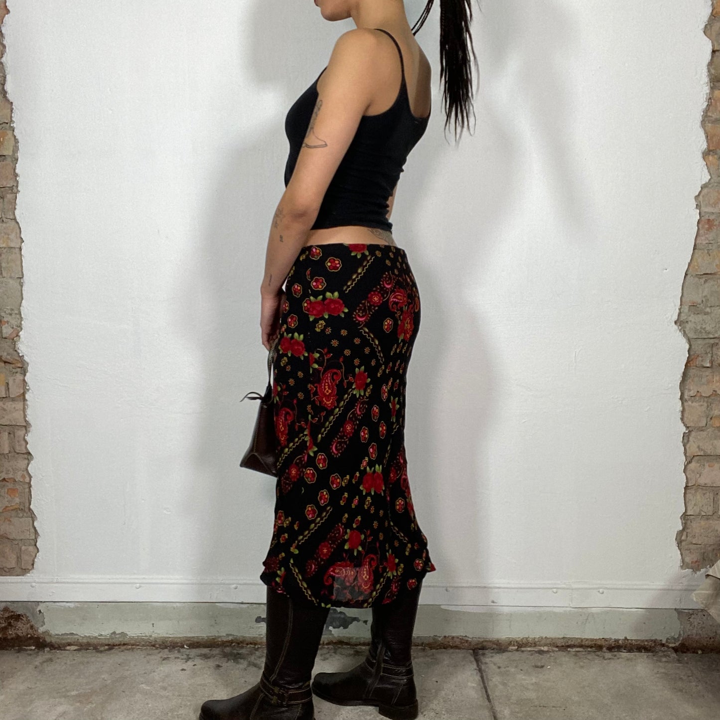 Vintage 90's Indie Black Mesh Midi Skirt with red Floral Print (M)