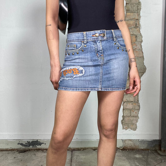 Vintage 2000's Downtown Girl Denim Mini Skirt with Orange Embroidery (S)