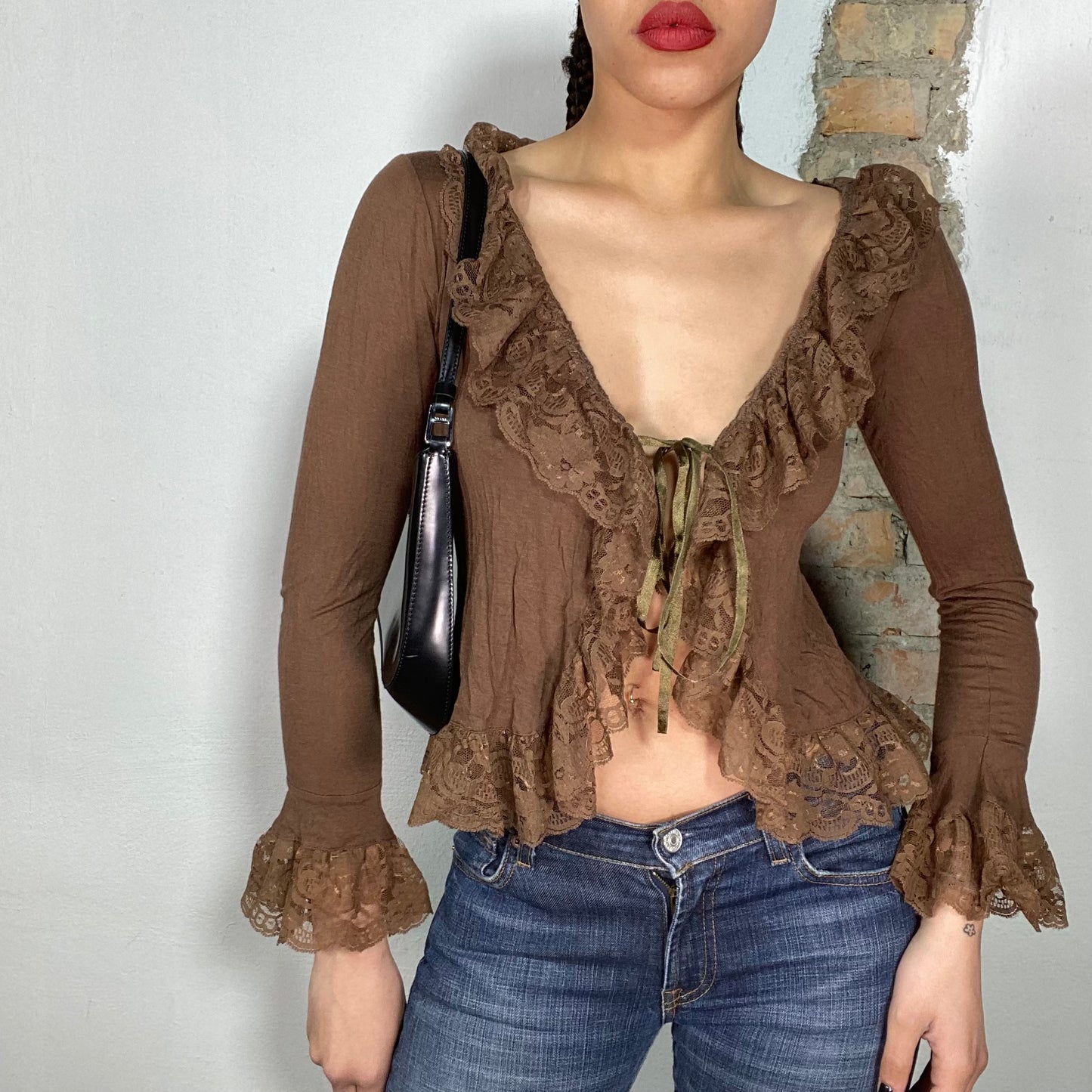 Vintage 90's Whimsigoth Brown Front Tie Top with Lace Ruffle Details (S/M)