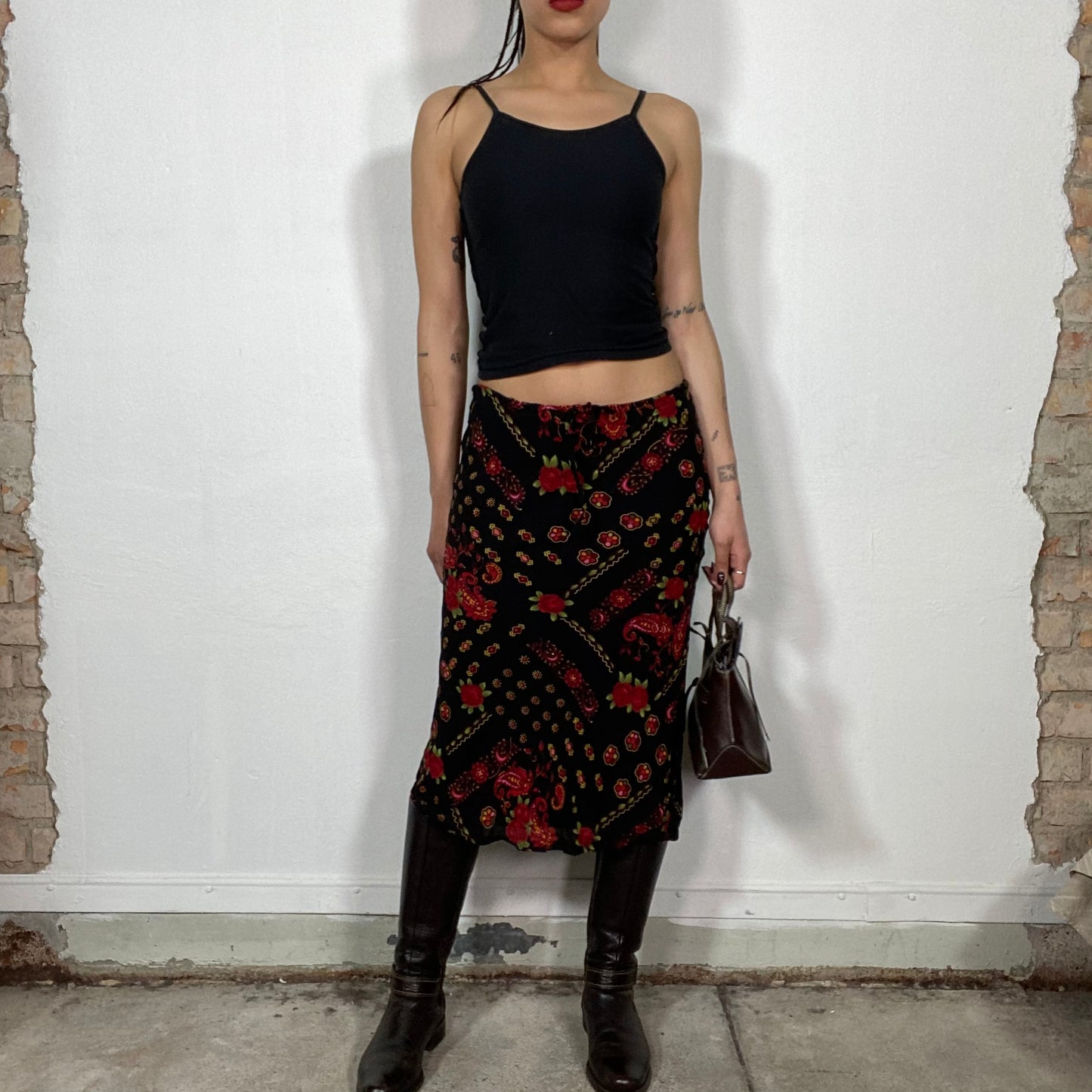 Vintage 90's Indie Black Mesh Midi Skirt with red Floral Print (M)