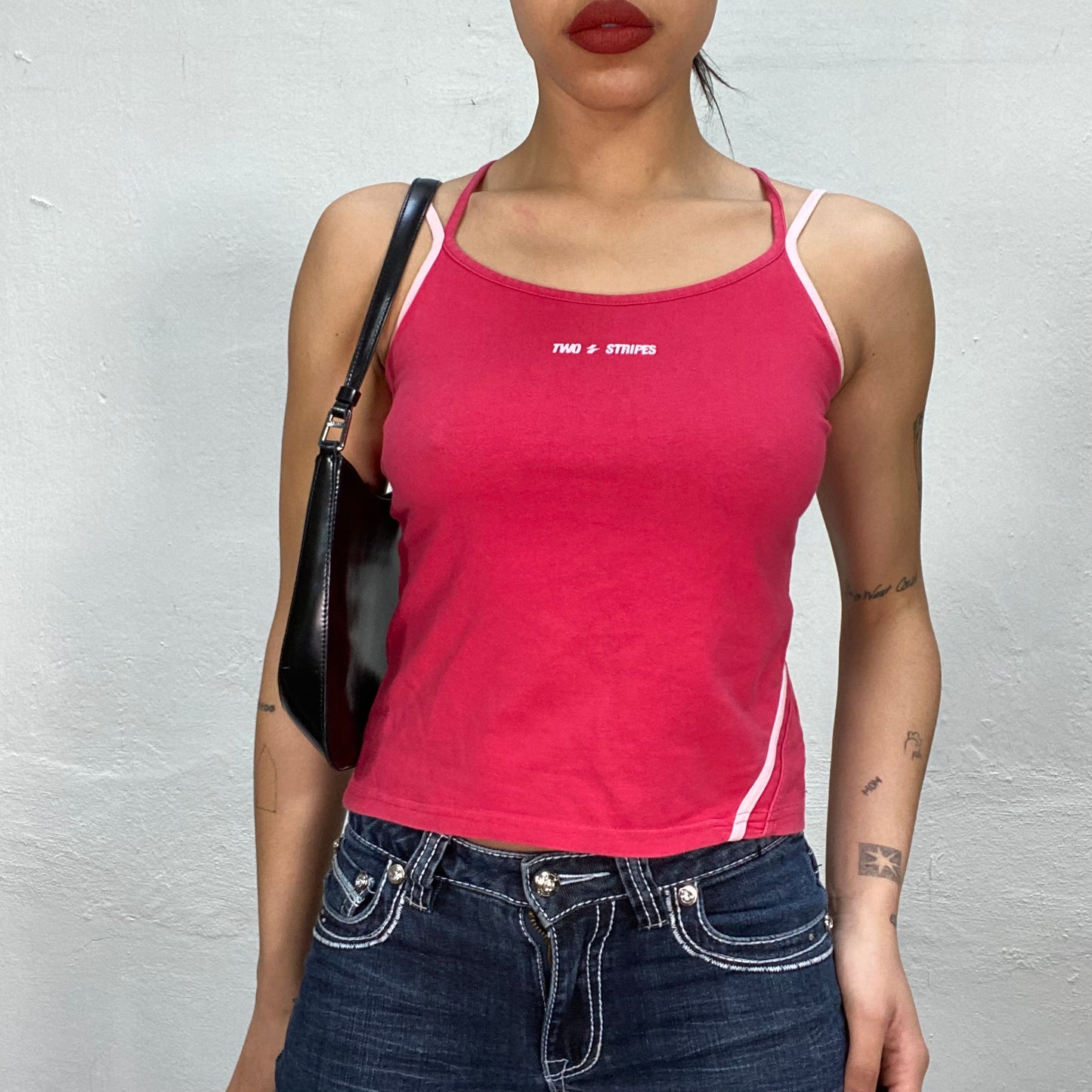 Vintage 90's Sporty Red Top with 'Two Stripes' print and Pink Straps (S)