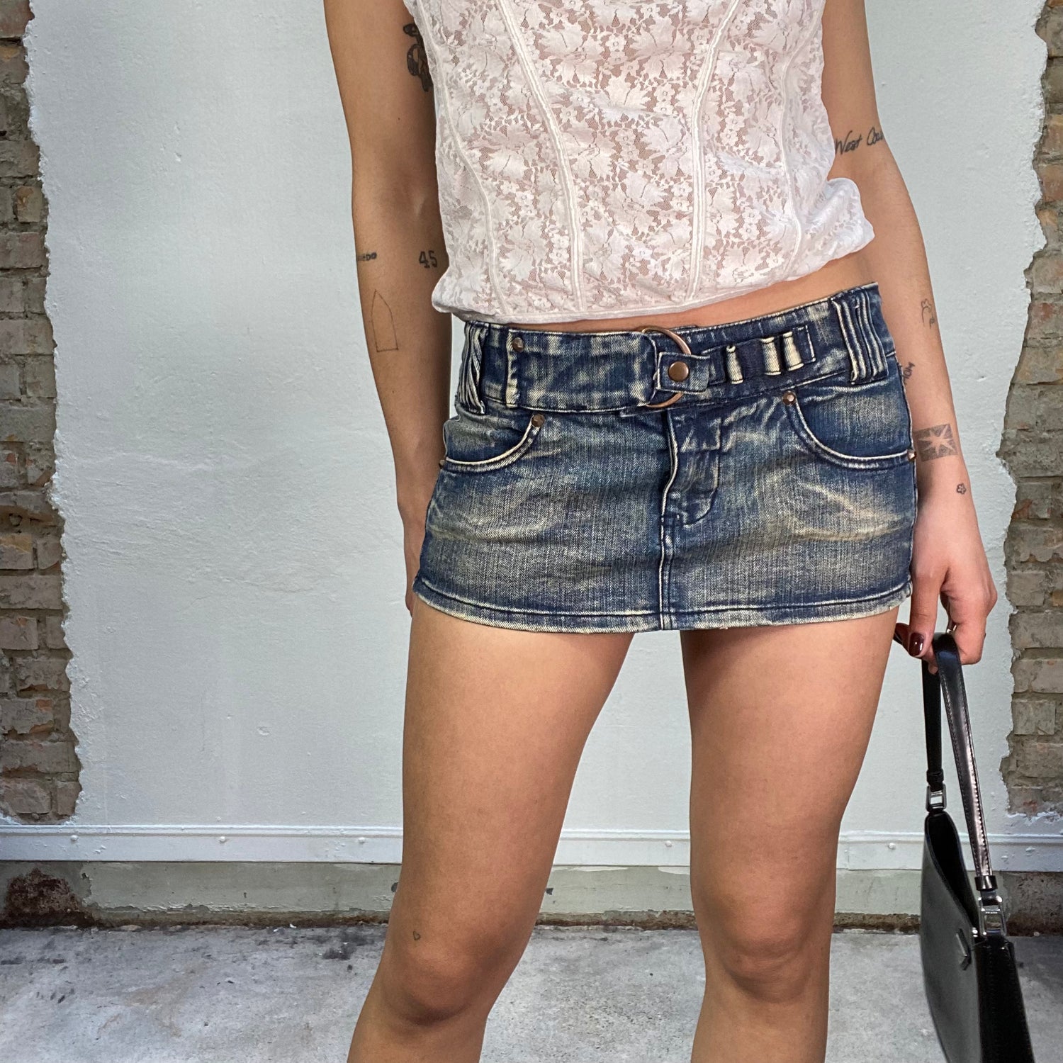 Vintage 2000's Denim Mini Micro Skirt with Belt Buckle Detail (S