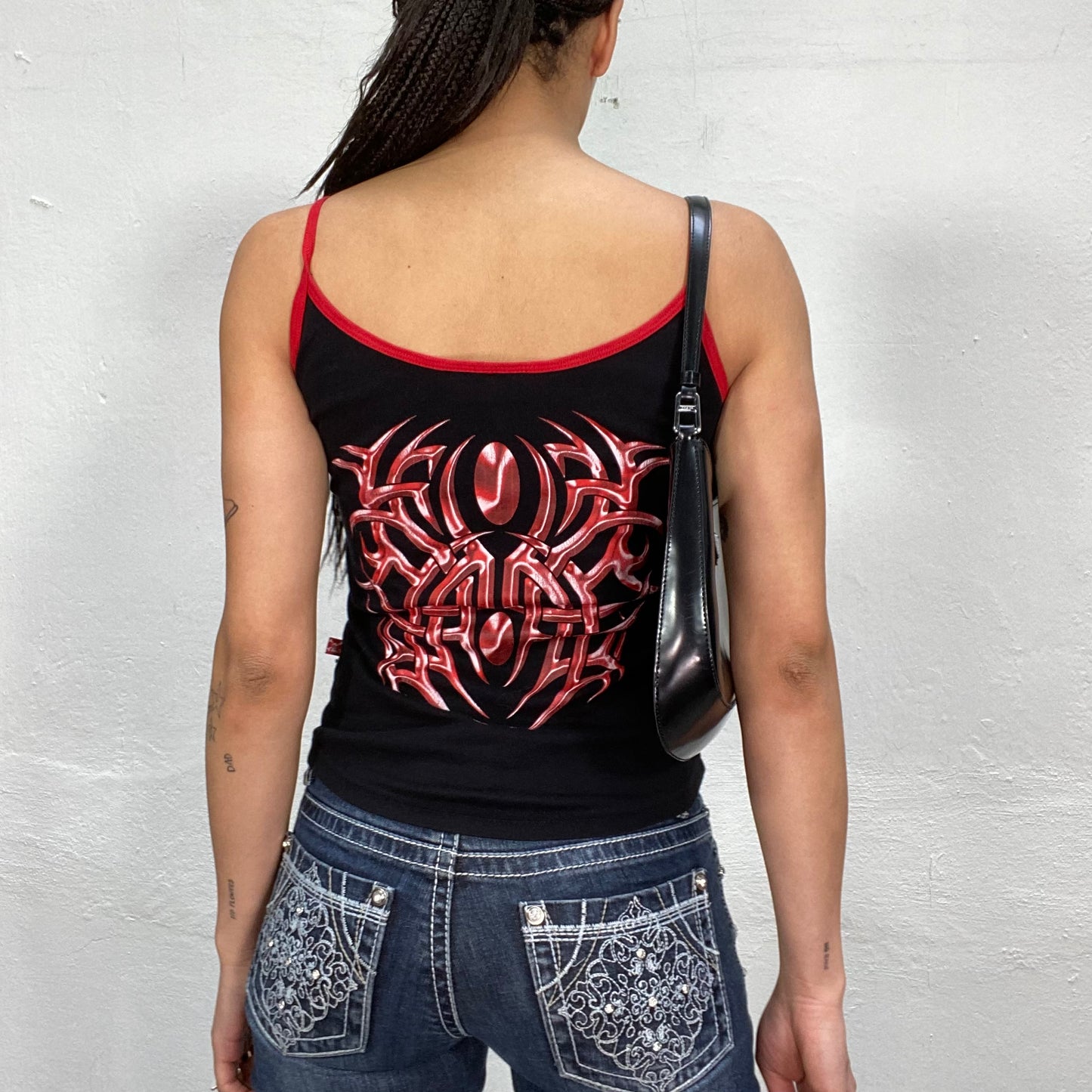 Vintage 90's Cyber Black Top with Red Trim and Tribal Prints (S)