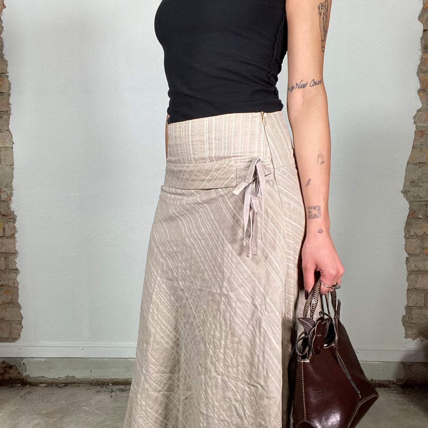 Vintage 2000's Grunge Beige Striped Maxi Skirt with Waist Belt (S/M)