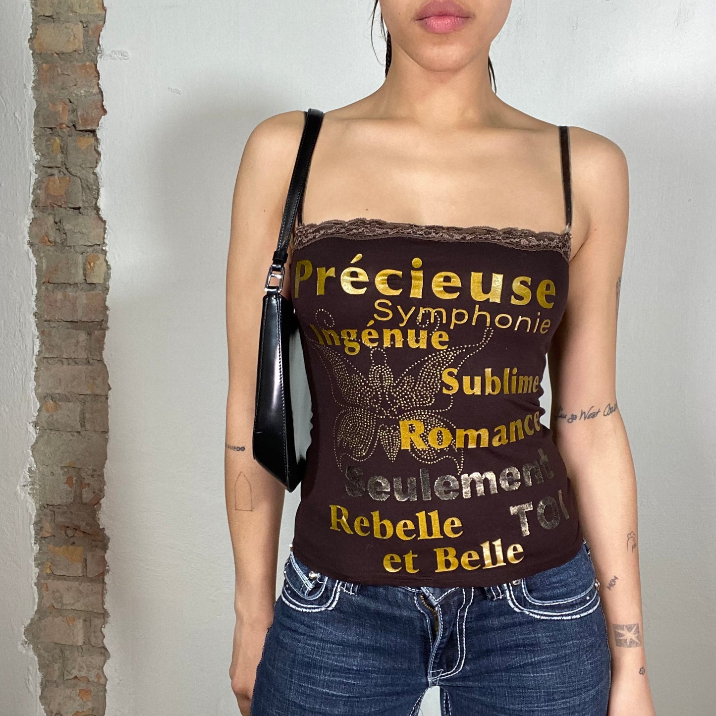 Vintage 2000's Grunge Brown Top with French Writing Print (S)