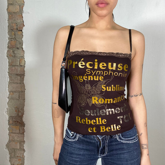 Vintage 2000's Grunge Brown Top with French Writing Print (S)