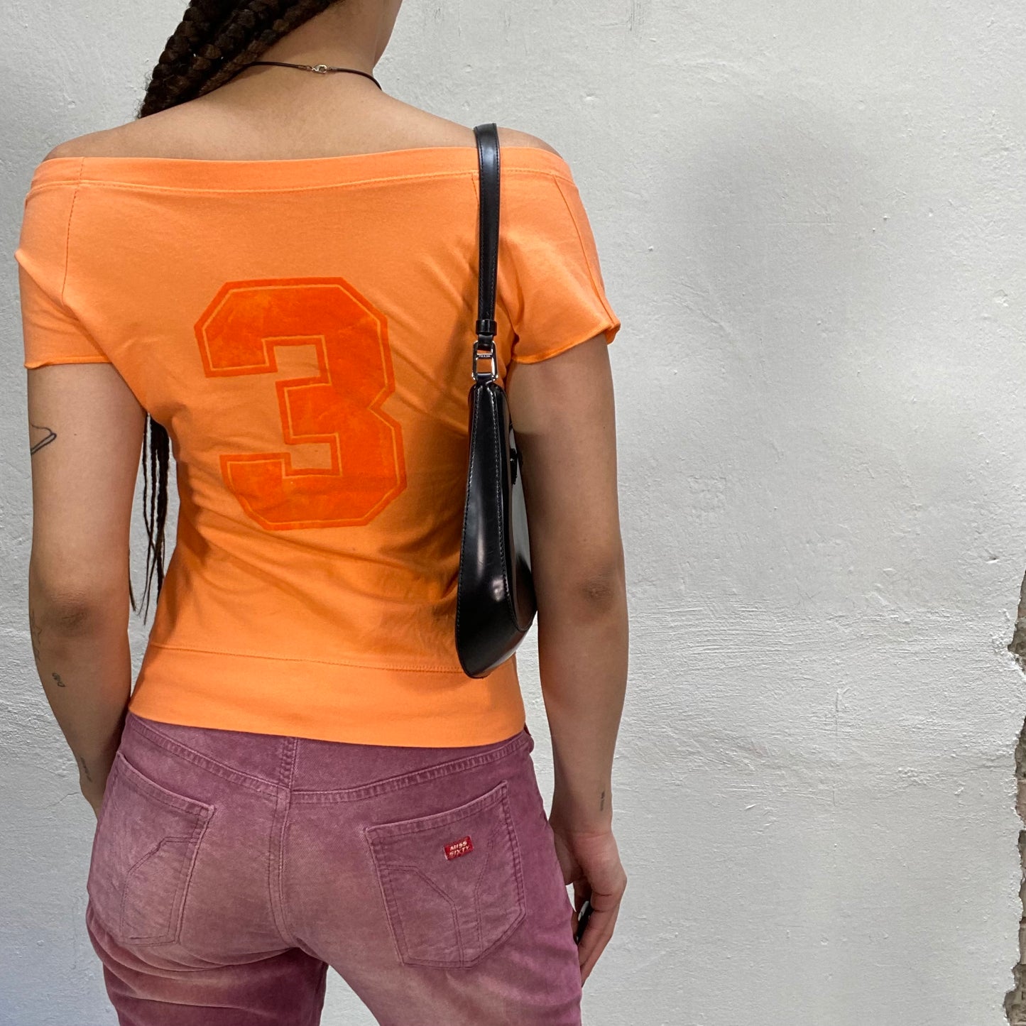 Vintage 2000's Sporty Orange Off Shoulder Shirt with Print (S)