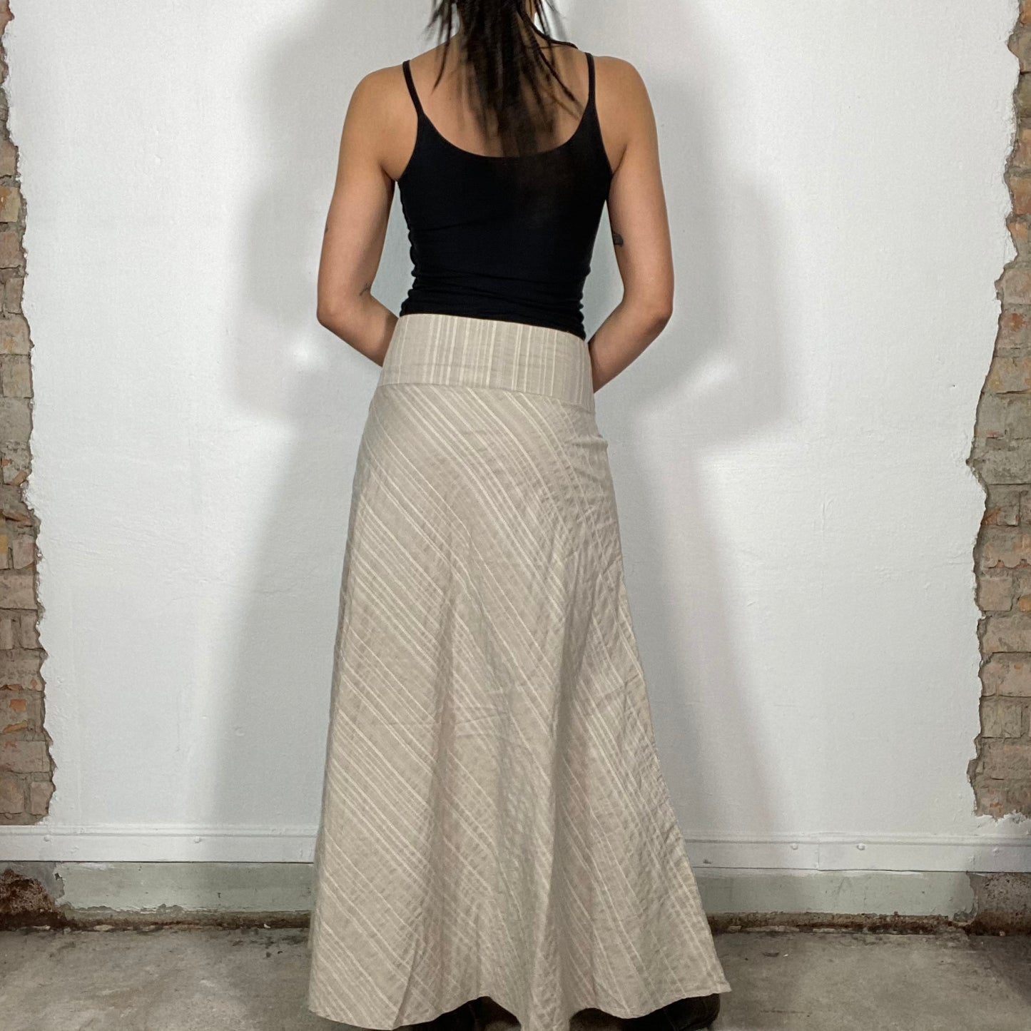 Vintage 2000's Grunge Beige Striped Maxi Skirt with Waist Belt (S/M)