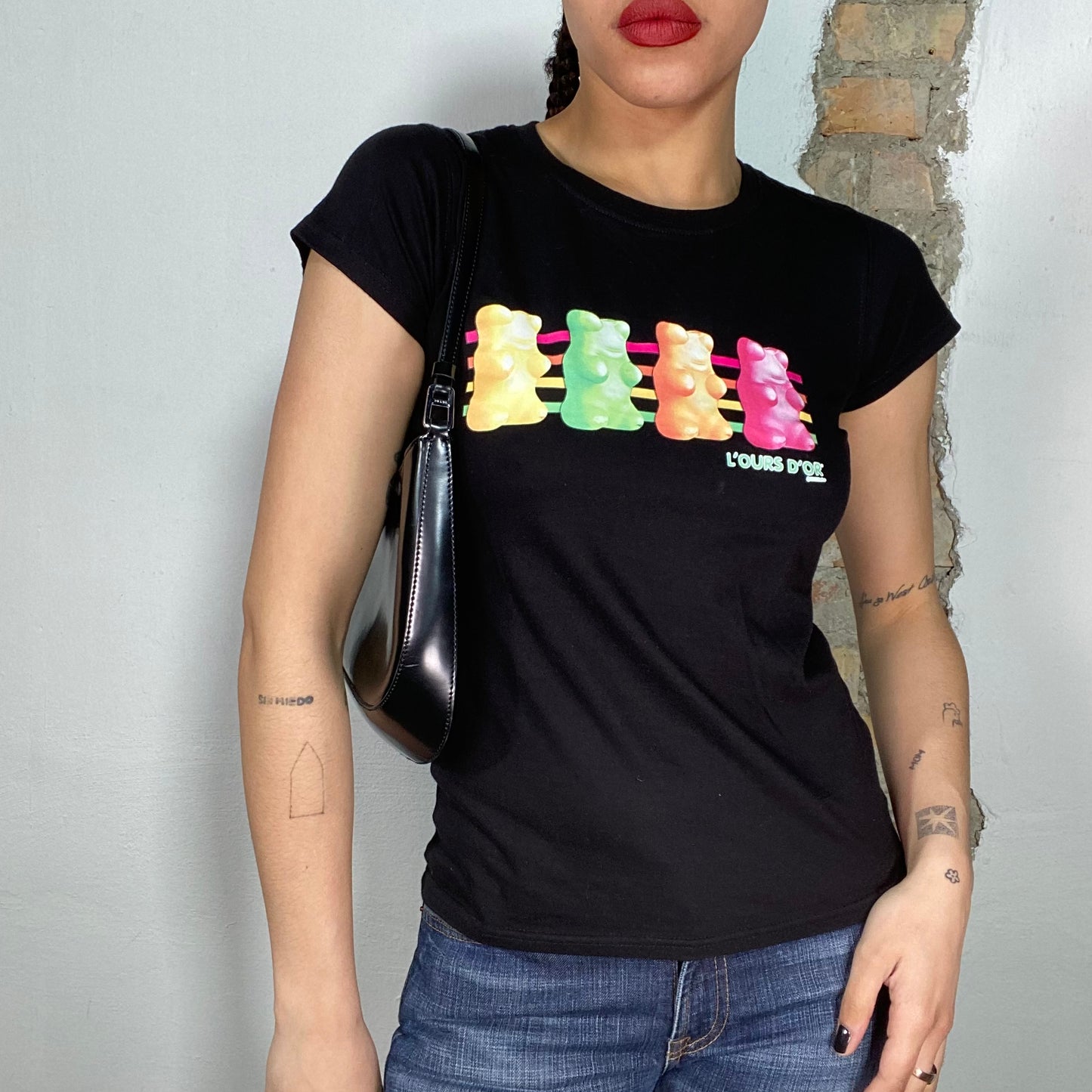 Vintage 2000's Funke Black Baby Tee with Gummy Bear Print (S)