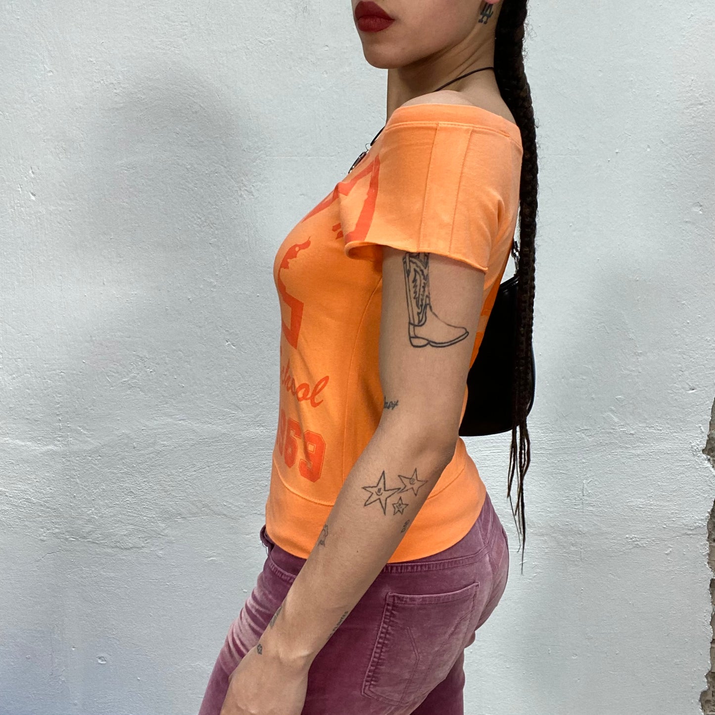 Vintage 2000's Sporty Orange Off Shoulder Shirt with Print (S)