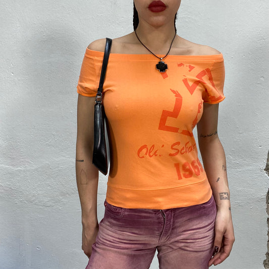 Vintage 2000's Sporty Orange Off Shoulder Shirt with Print (S)
