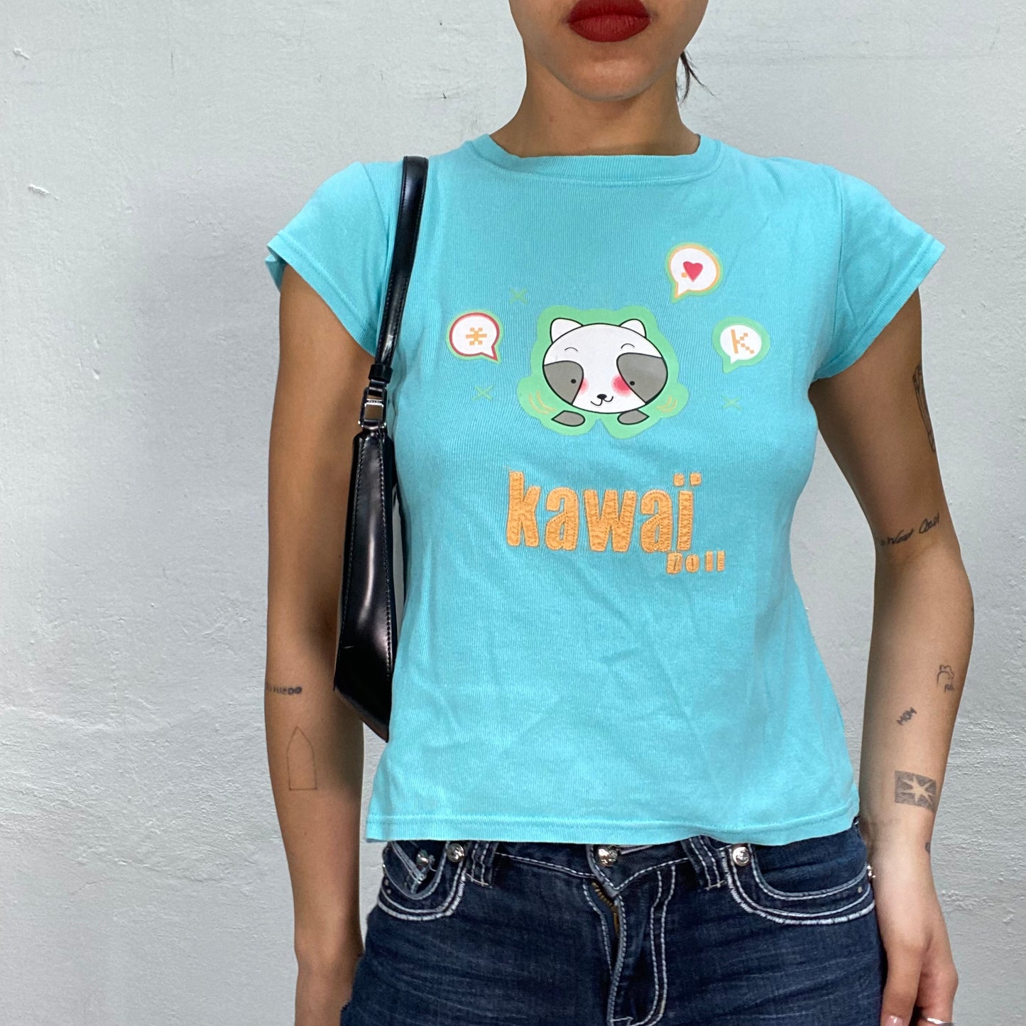 Vintage 2000's Skater Turquoise Shirt with 'Kawaii Doll' Print (S/M)