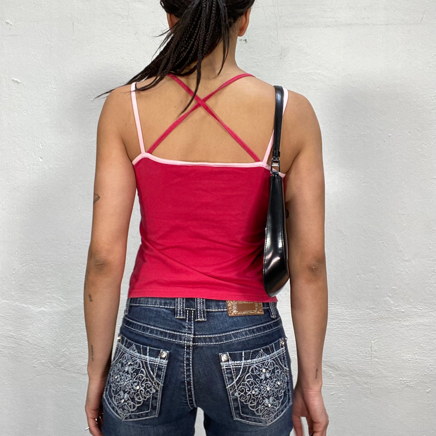 Vintage 90's Sporty Red Top with 'Two Stripes' print and Pink Straps (S)