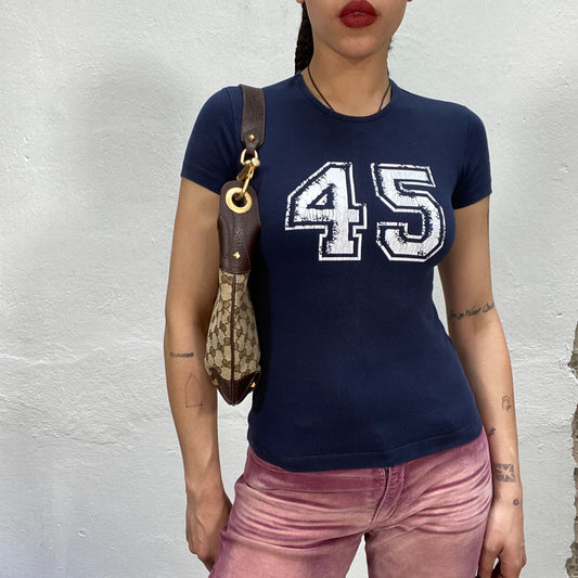 Vintage 2000's Sporty Navy Baby Tee with '45' Print (S)