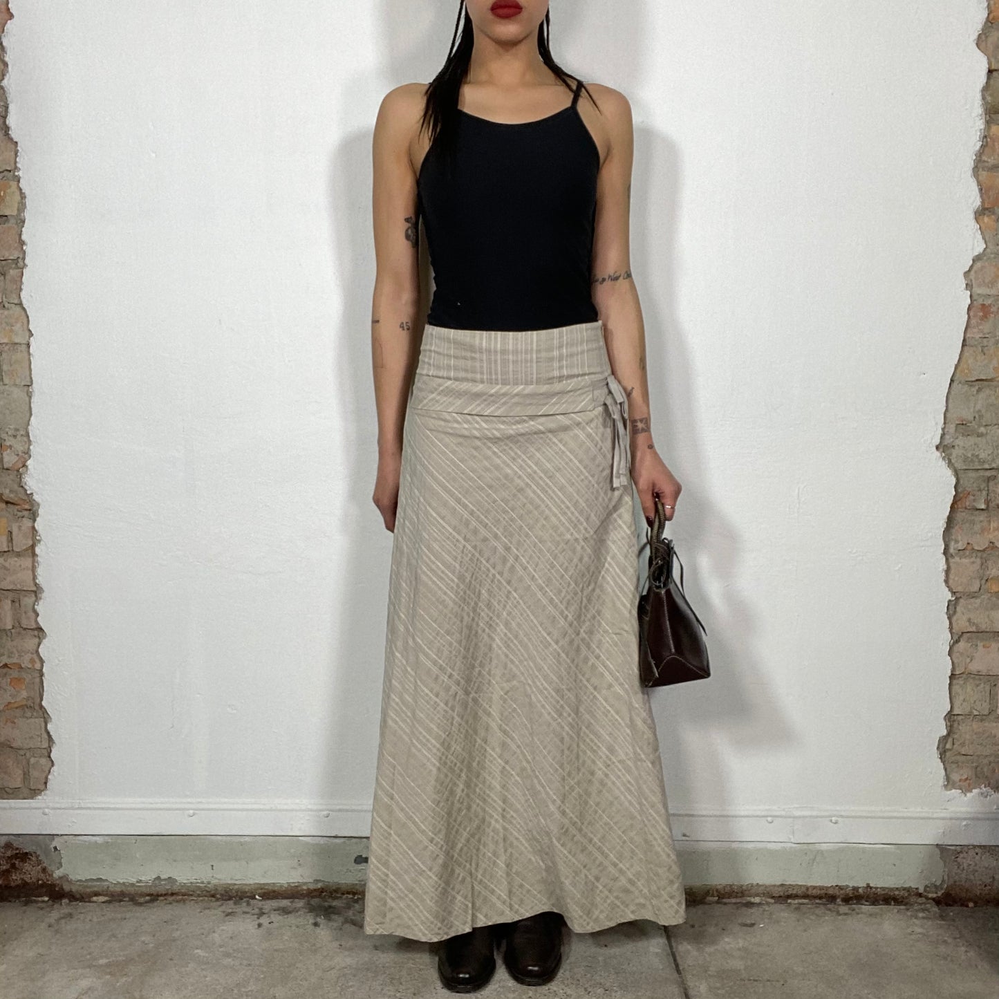 Vintage 2000's Grunge Beige Striped Maxi Skirt with Waist Belt (S/M)