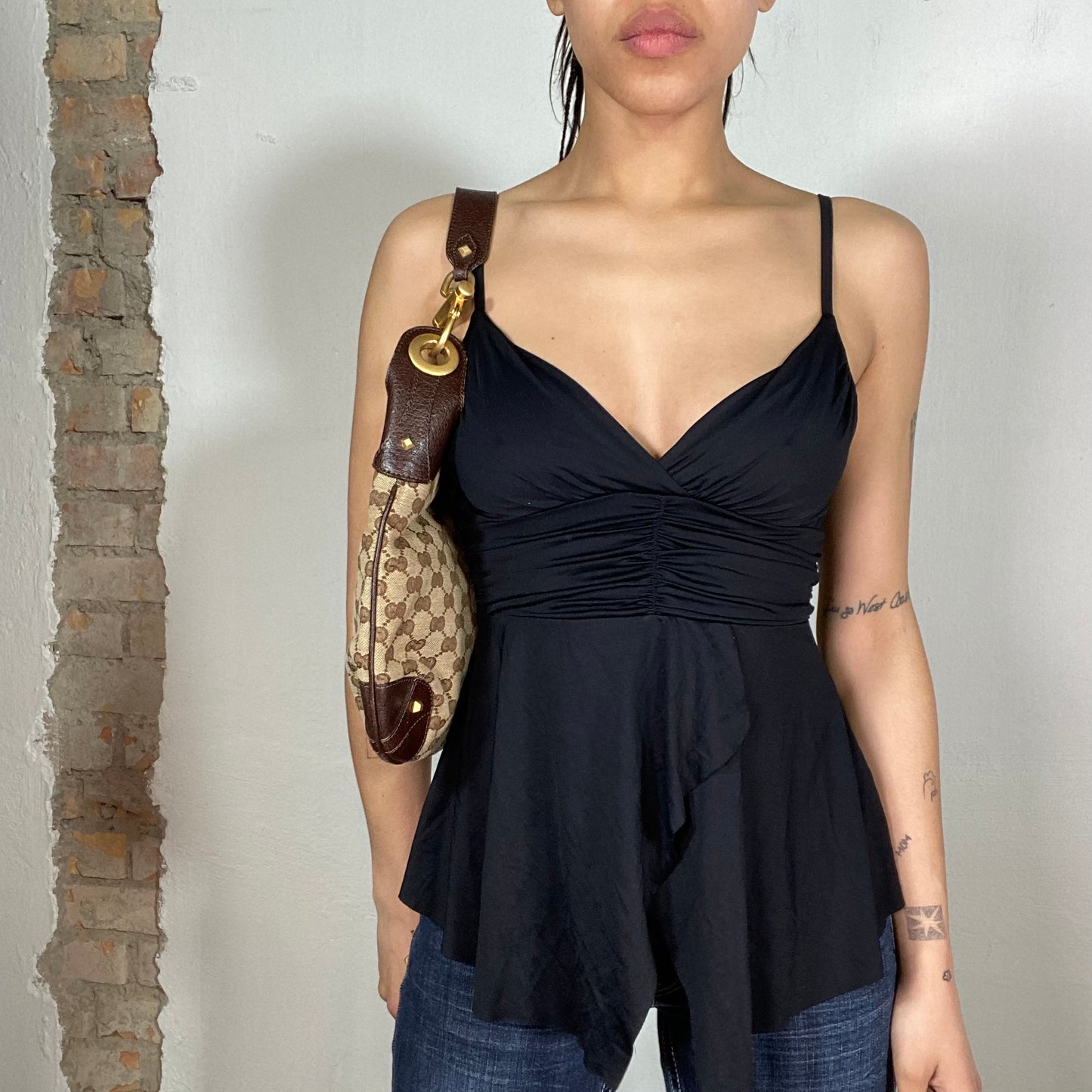 Vintage 2000's Downtown Girl Black Flowy Top with Waist Band Detail (S)