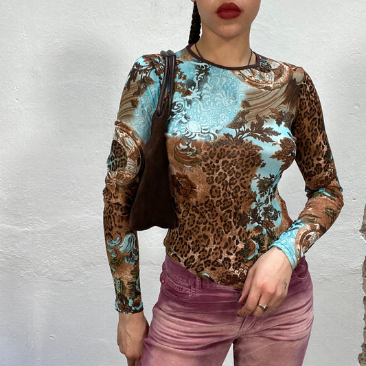 Vintage 2000's Indie Brown and Blue Longsleeve with Leo and Prnament Print (S)