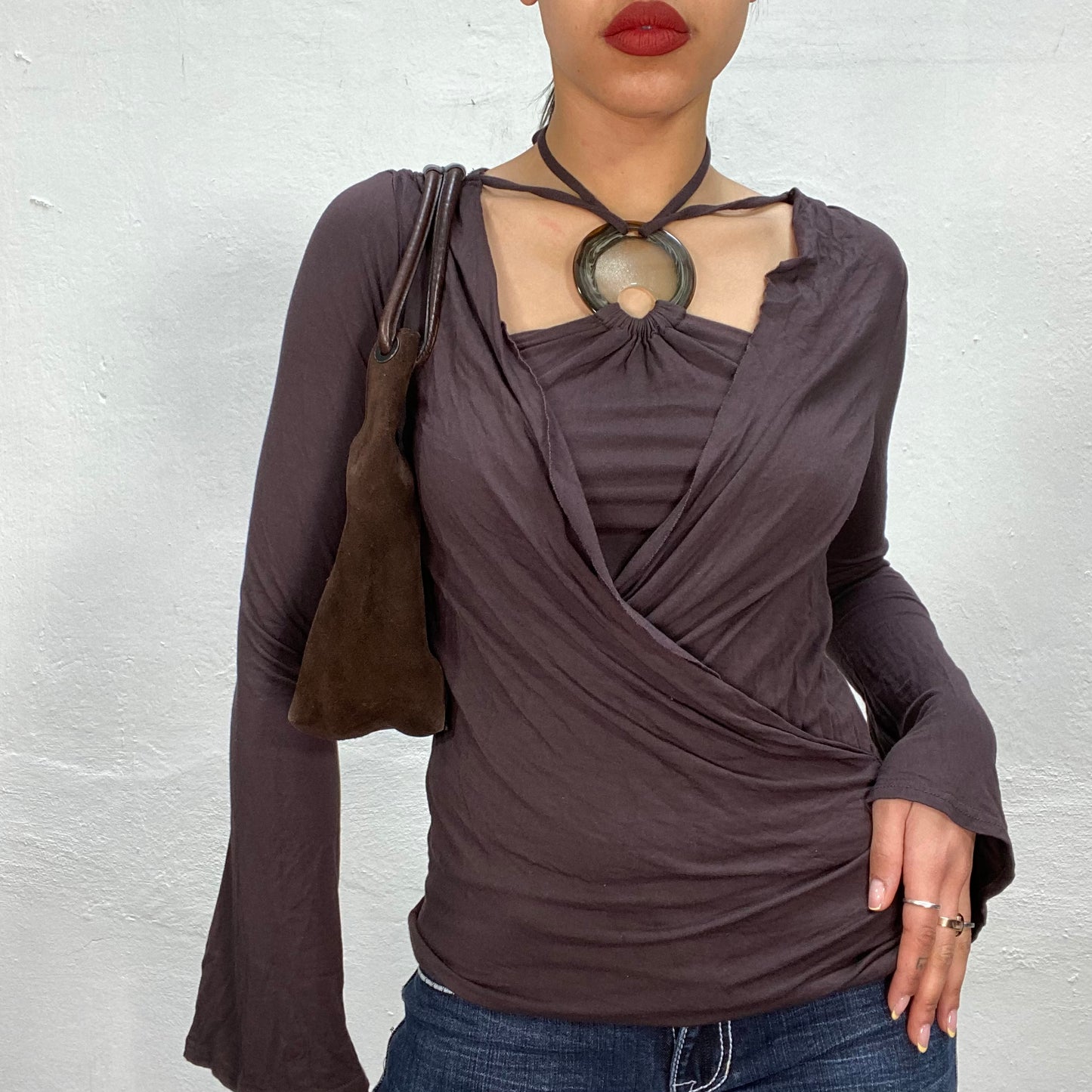 Vintage late 2000's Hippie Brown Top with Halter Neck and Glass Pendant Detail (S)