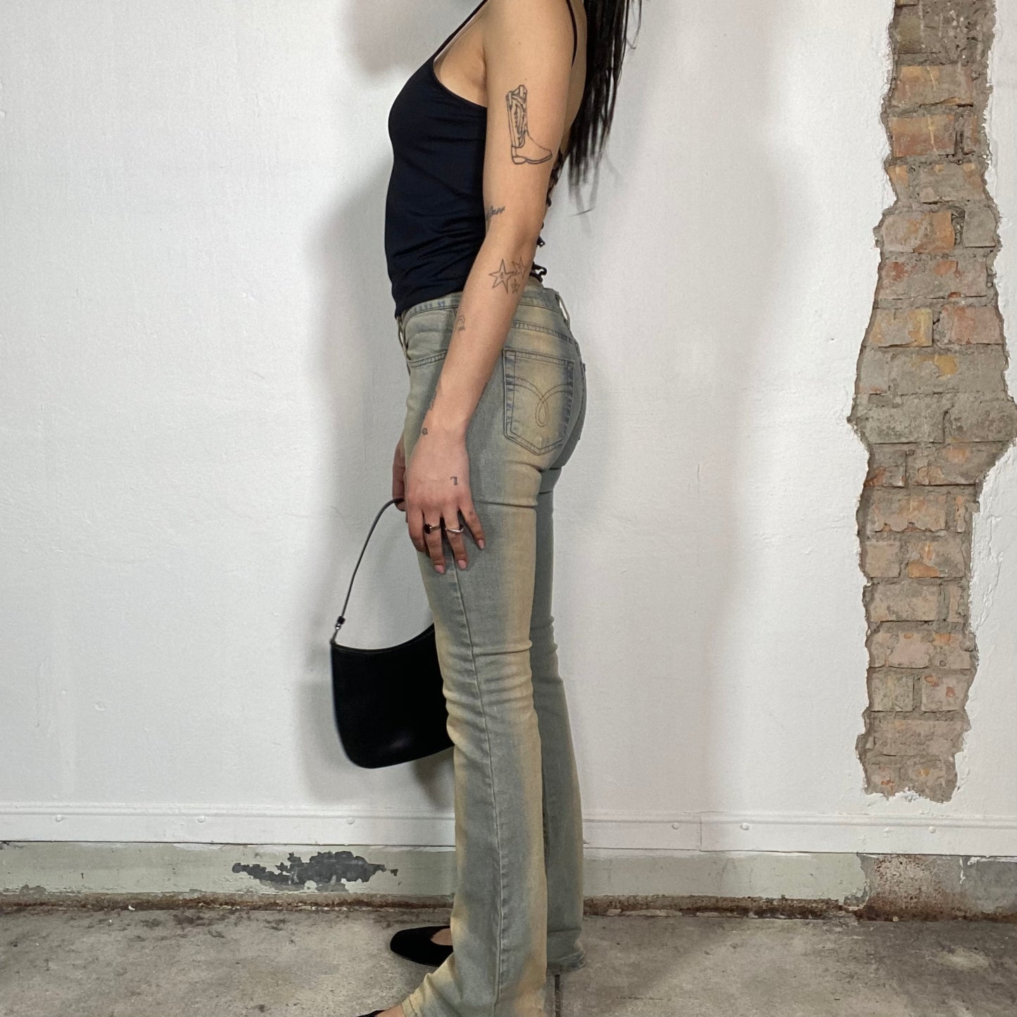 Vintage 2000's Grunge Beige Washed Flared Jeans (S)