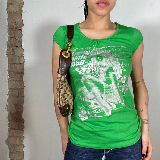 Vintage 2000's Funky Green Shirt with Silver Girl Print (S/M)