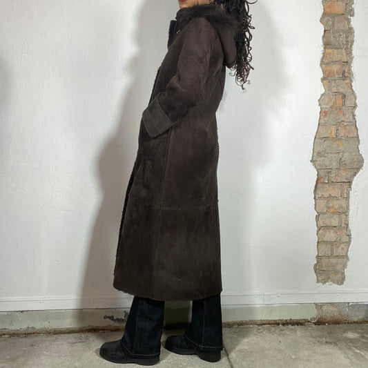 Vintage 2000's Winter Dark Brown Afghan Maxi Coat with Hood (S)