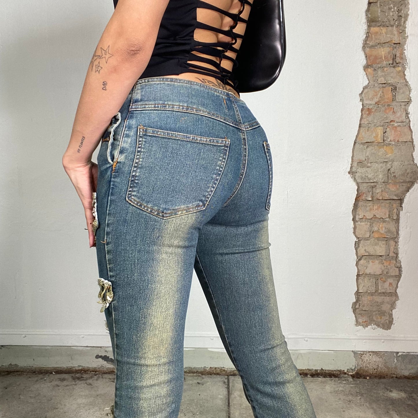 Vintage 2000's Grunge Flared Jeans with  Denim Patch Details (S)