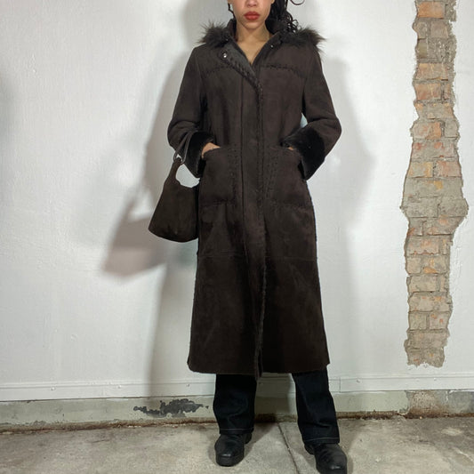 Vintage 2000's Winter Dark Brown Afghan Maxi Coat with Hood (S)