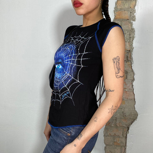 Vintage 2000's Funky Black Shirt with Blue Spider Web and Eye Print (S)