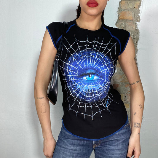 Vintage 2000's Funky Black Shirt with Blue Spider Web and Eye Print (S)