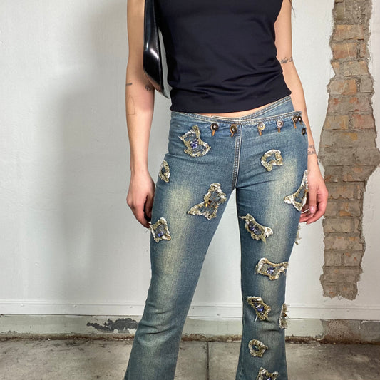 Vintage 2000's Grunge Flared Jeans with Denim Patch Details (S)