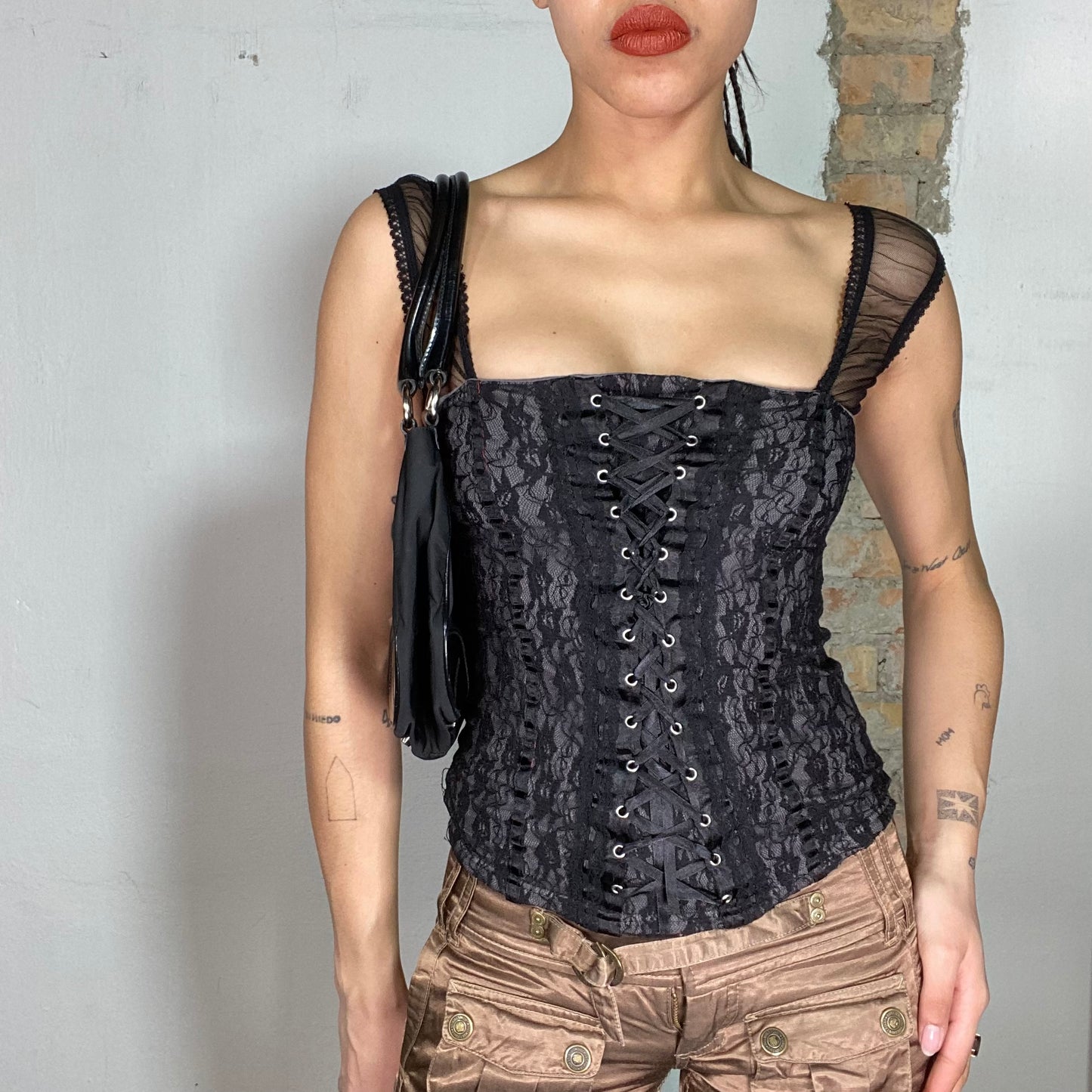 Vintage 2000's Gothic Black Lace Shirt with Lace Up Detail (S)