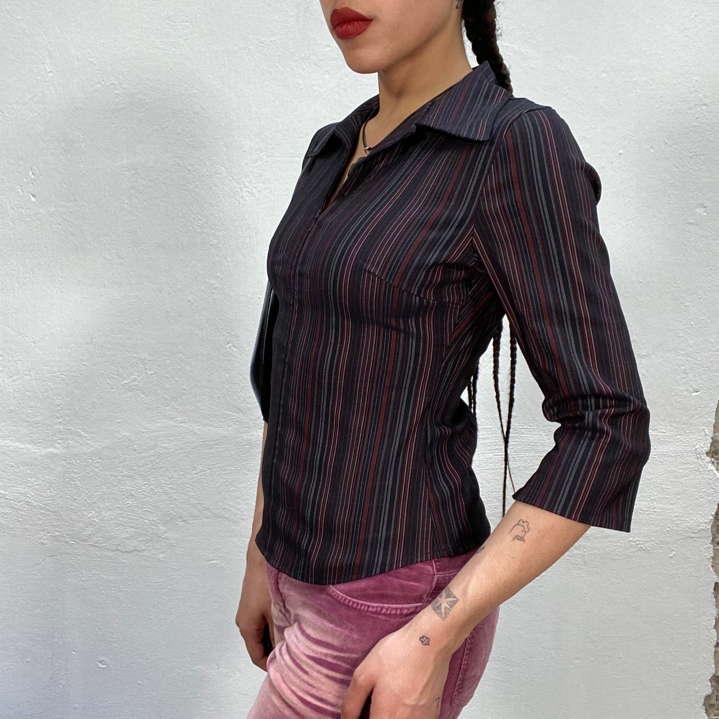 Vintage 90's Dowtown Girl Black Striped Zipper Blouse (S)