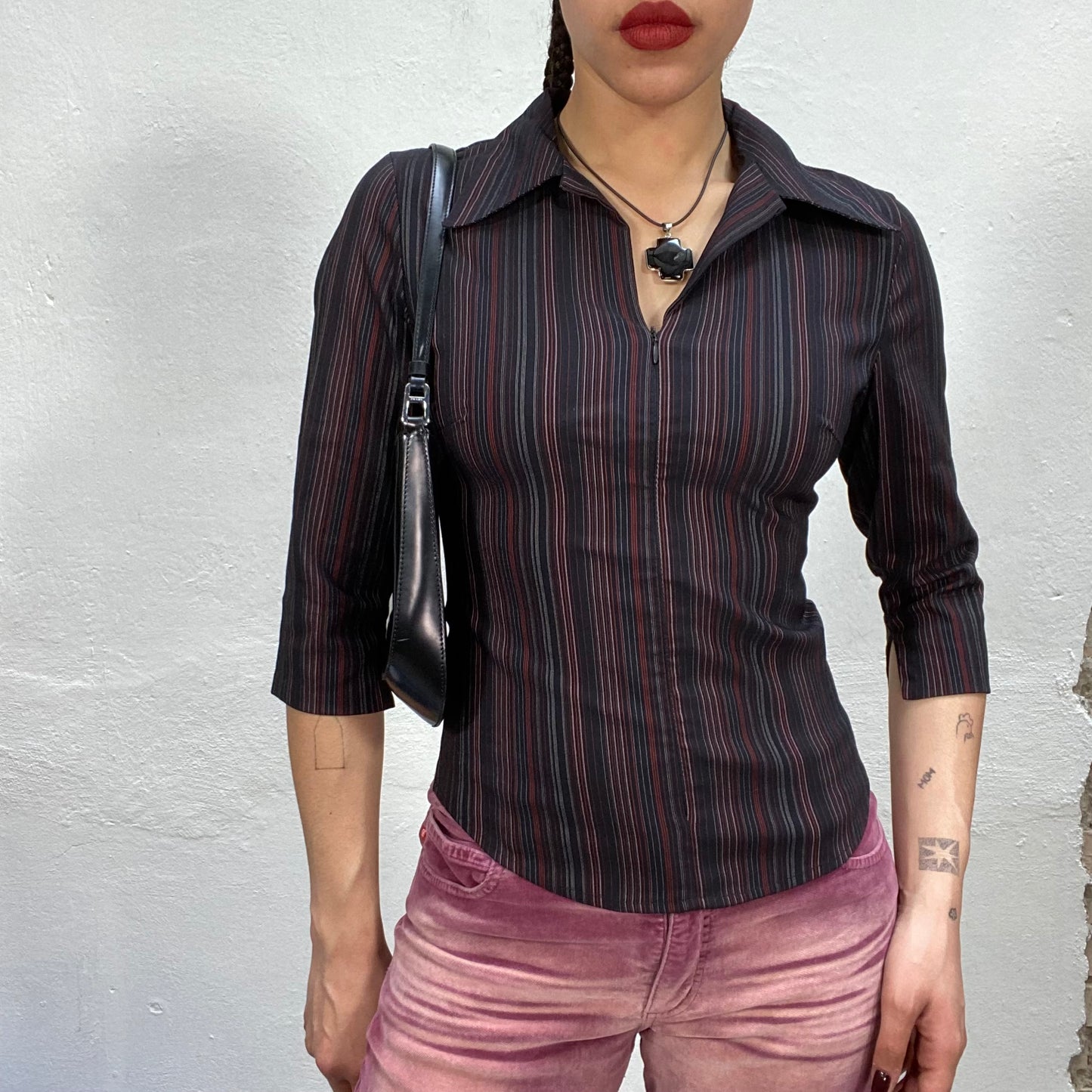 Vintage 90's Dowtown Girl Black Striped Zipper Blouse (S)