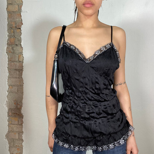 Vintage 2000's Lingerie Black Satin Top with Silver Flower Lace (S)