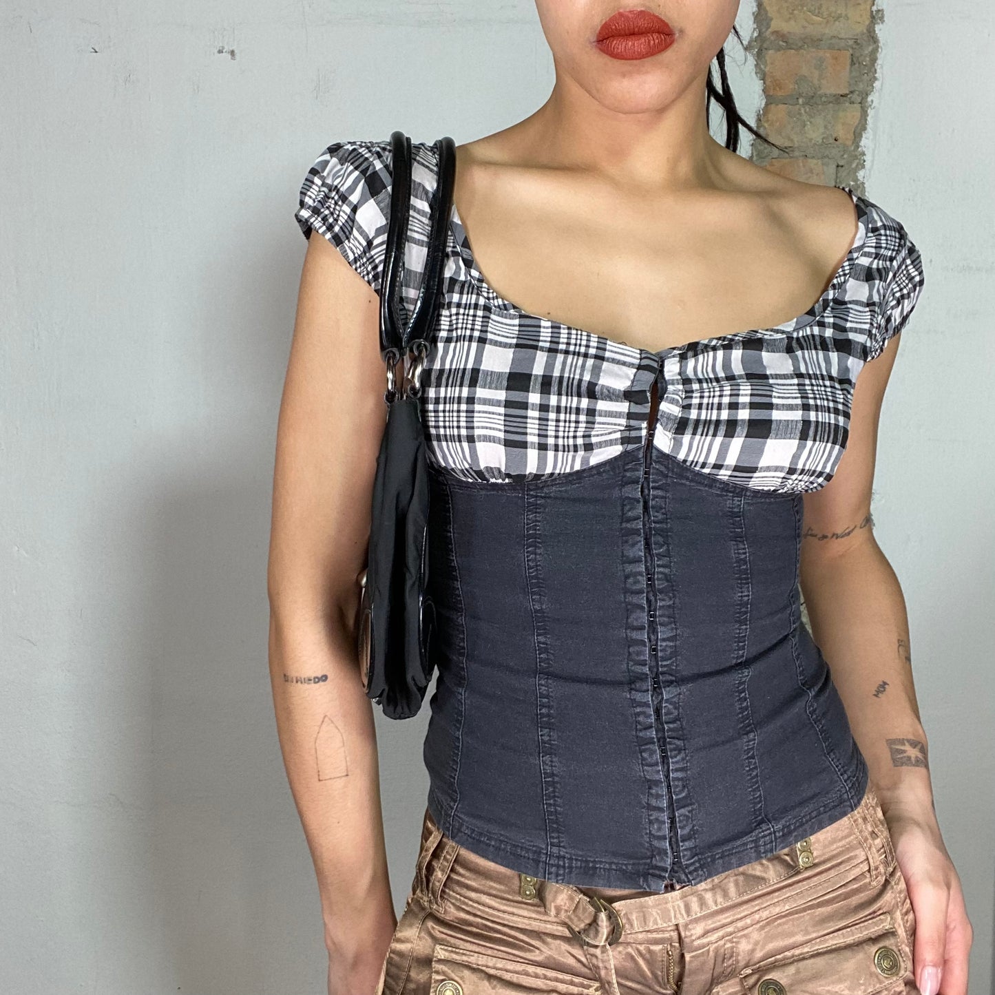 Vintage 2000's Downtown Girl Black Denim and Plaid Shirt with Hook and Eye Closing (S/M)