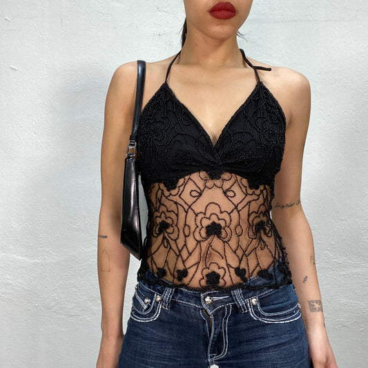 Vintage 2000's Festival Black Mesh Top with Beaded Flower Print (S/M)