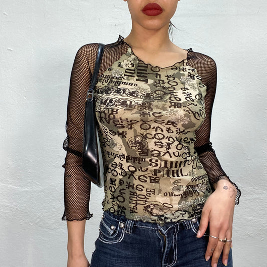 Vintage 2000's Grunge Khaki Top with Net Sleeves and Writing Print (S)